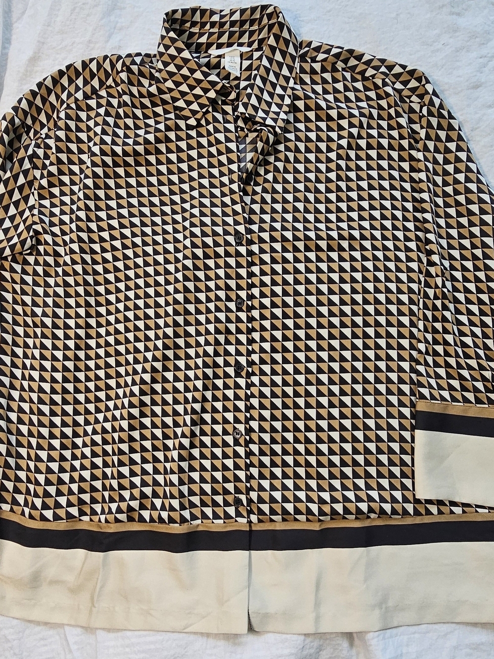 H&M Geometric Print Button-Up Blouse in Black, Tan & Cream Size XL